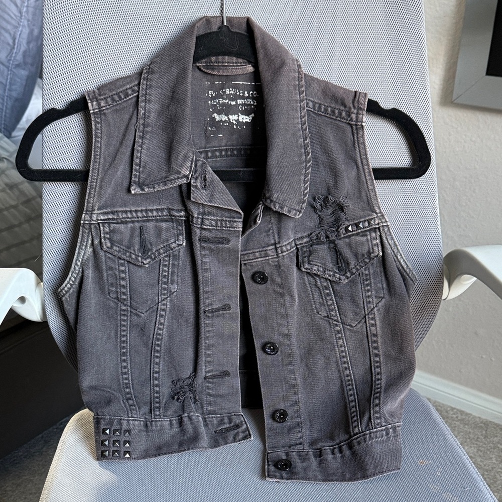 Faded black Denim Vest with Stud Details